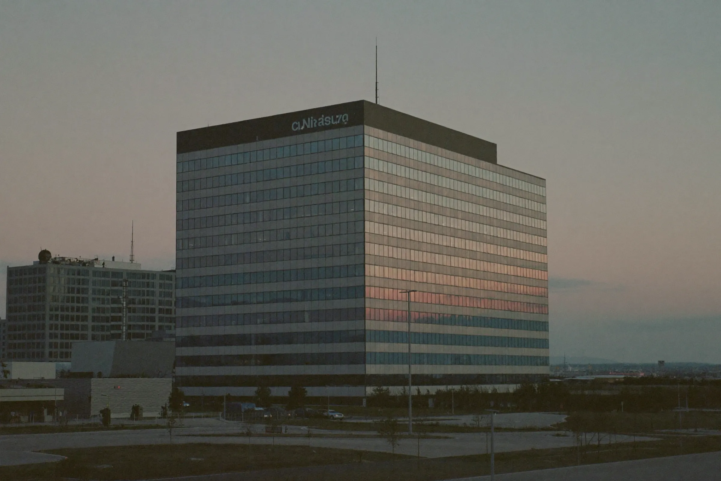 A glass office tower on a technology campus at dusk